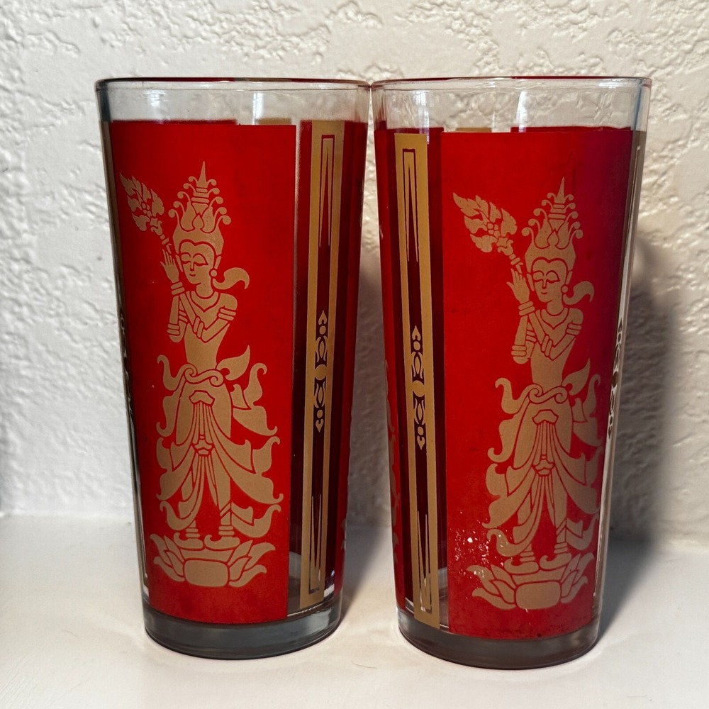 Vtg Culver Red &‎ Gold Hindu Goddess Lord Shiva Glasses Set of 2